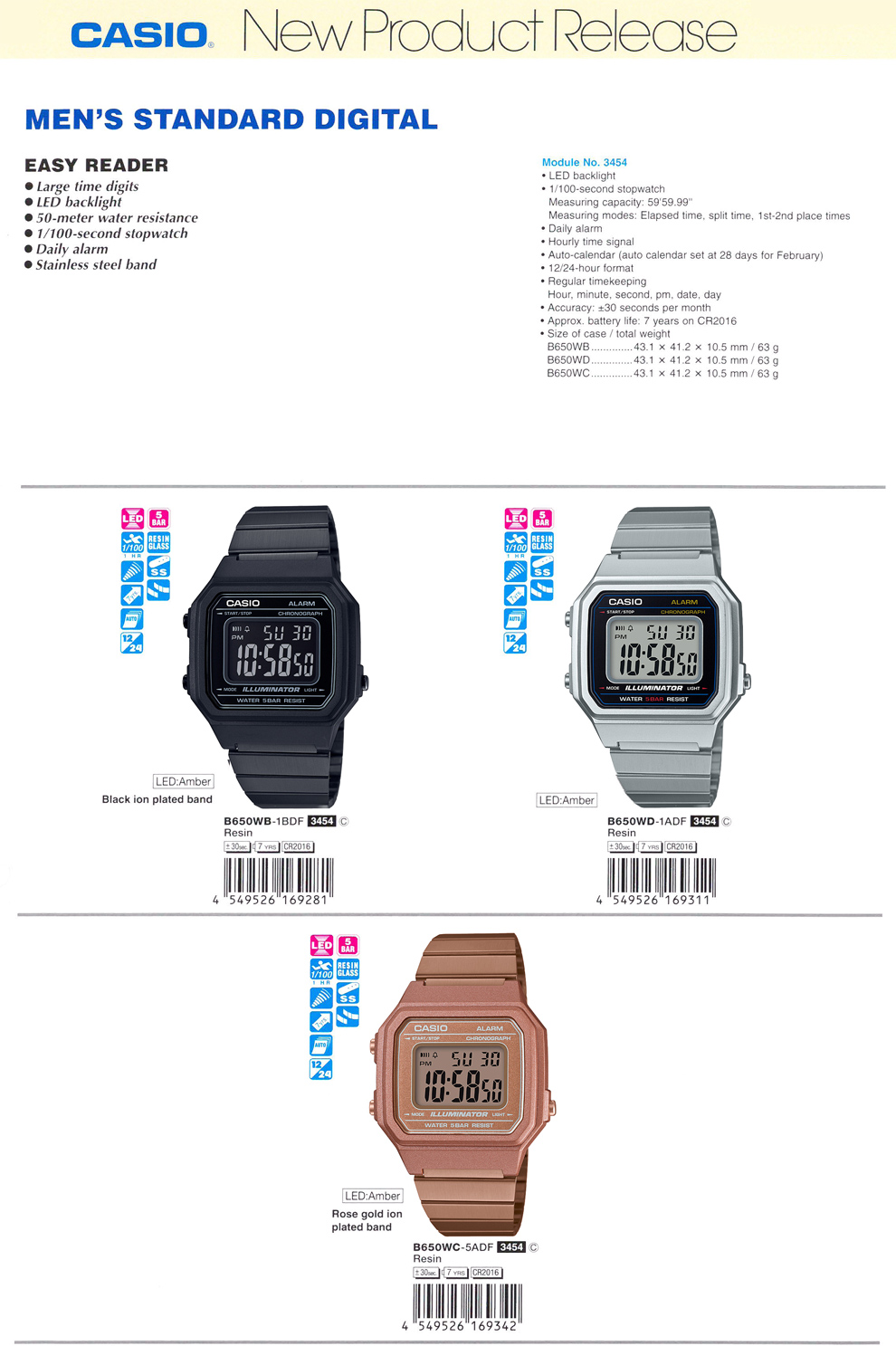 Standard Digital, Men's, EASY READER, Large time digits, LED backlight, Daily alarm, Stainless steel band, 50-meter water resistance, B650WB-1B, B650WD-1A, B650WC-5A