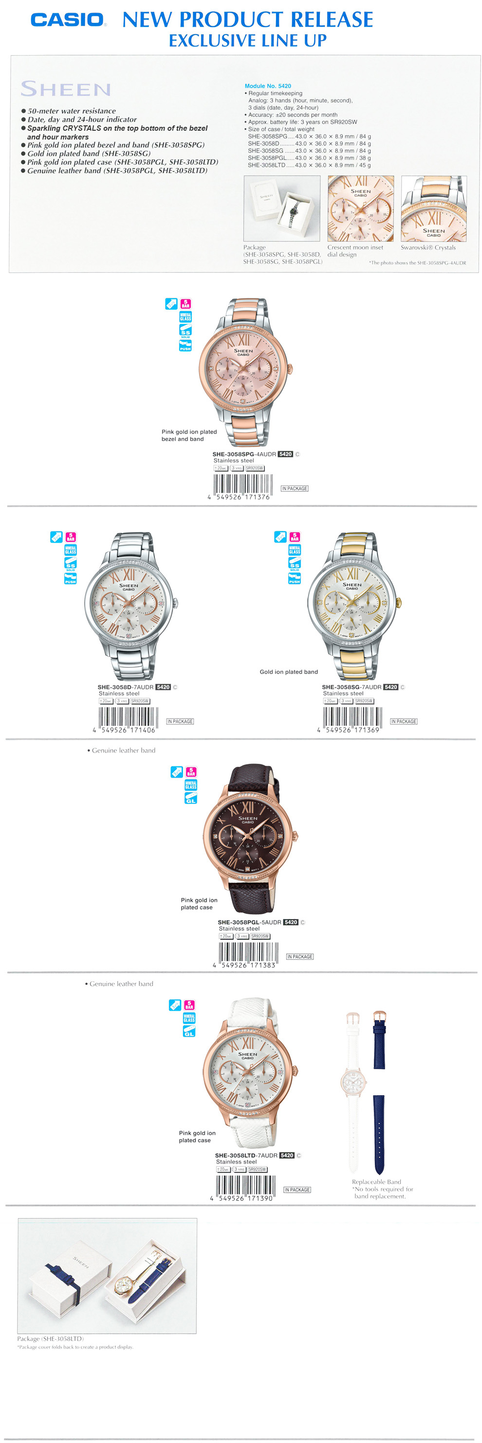 SHEEN, Swarovski Crystals, Pink gold ion plated, Replaceable Band, 50-meter water resistance, SHE-3058SPG-4A, SHE-3058D-7A, SHE-3058SG-7A, SHE-3058PGL-5A, SHE-3058LTD-7A