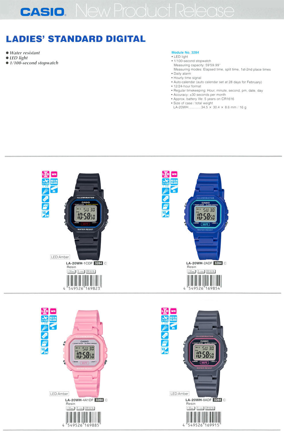 Standard Digital, Ladies, water resistant, LED light, stopwatch, LA-20WH-C, LA-20WH-2A, LA-20WH-4A1, LA-20WH-8A