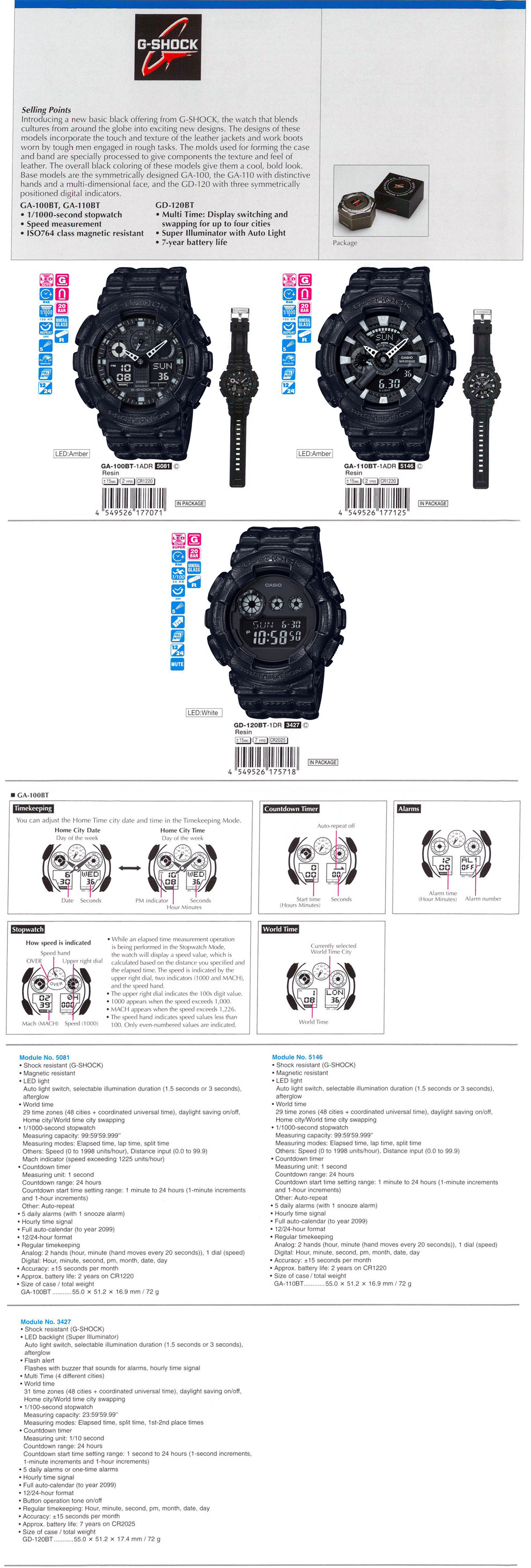 G-SHOCK, BLACK, Speed measurement, ISO764, super illuminator, 7-year battery life, GA-100BT-1A, GA-110BT-1A, GD-120BT-1