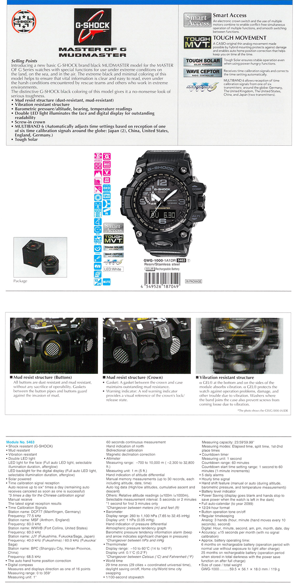 G-SHOCK, MUDMASTER, Vibration resistant,barometric pressure, double LED, multiband6, tough solar, GWG-1000-1A1