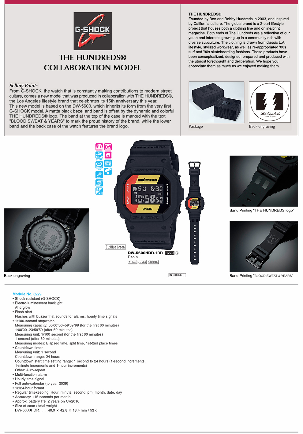 G-SHOCK, THE HUNDREDS, collaboration model, blood sweat, street culture, DW-5600HDR-1