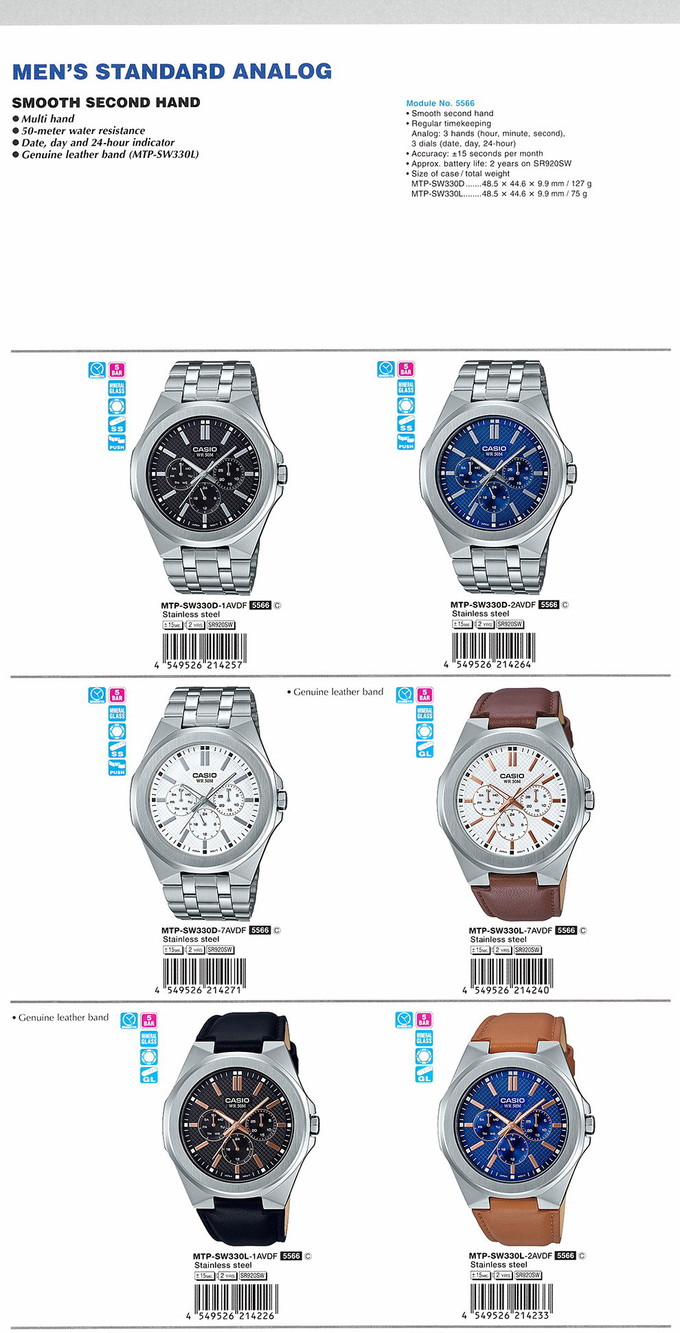 Standard Analog, Men, Smooth second hand, Multi-hand, 50-meter water resistance, date, day, 24-hour indicator, MTP-SW330D-1AV, MTP-SW330D-2AV, MTP-SW330D-7AV, MTP-SW330L-7AV, MTP-SW330L-1AV, MTP-SW330L-2AV